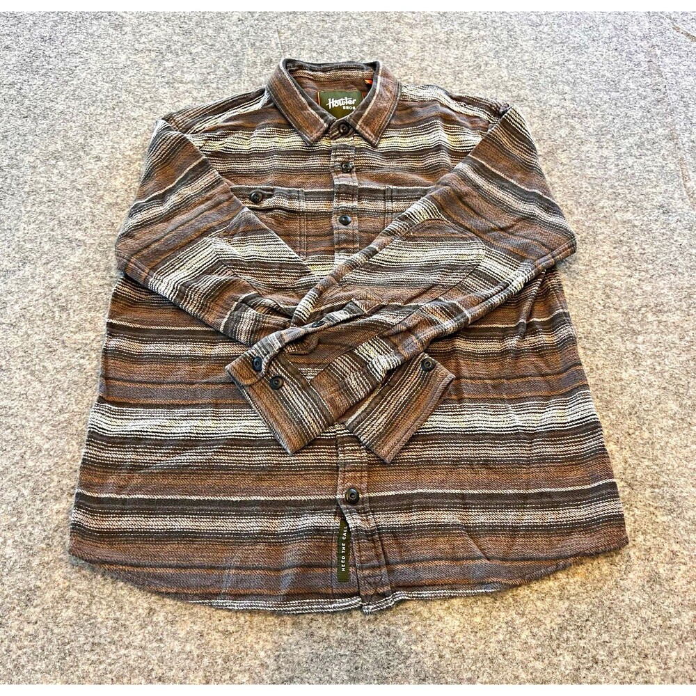 Howler Bros Men’s Flannel Shirt L Brown Gray White Striped Pockets Button Up